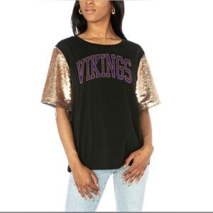 NFL Minnesota Vikings Black Gold Glam Bling Flip Sequin Sleeve T-Shirt Gameday L